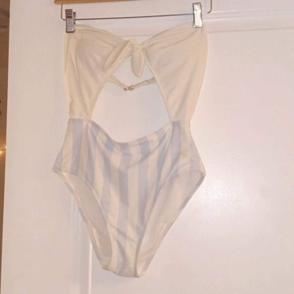 Hollister Swim One Piece Swimsuit Women Sz S White Blue Tie Front Cut Out - Picture 1 of 10